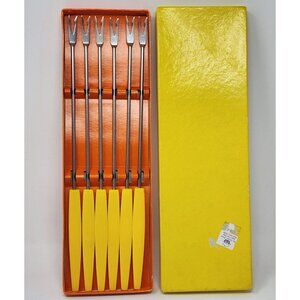 Stainless Steel Cocktail Forks Plastic Yellow Handle 11" Vintage MCM